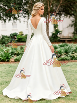 White Satin V-neck Long Sleeve Wedding Dress