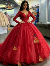 Red Tulle V-neck Appliques Quinceanera Dress