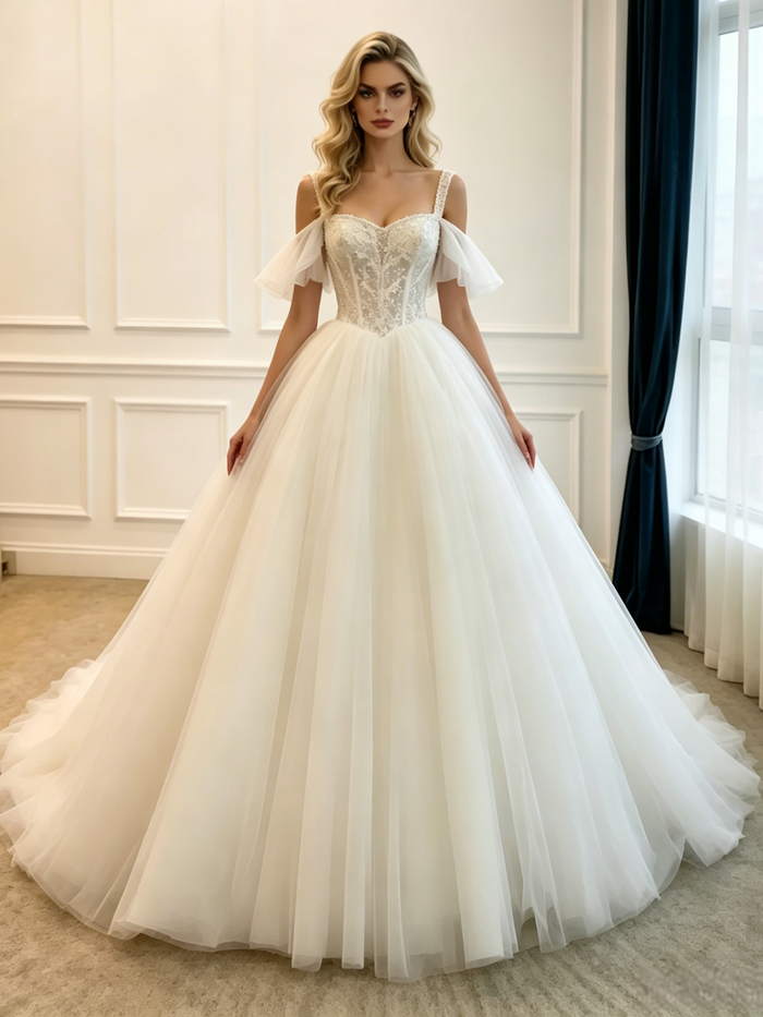 White Tulle Straps Lace Wedding Dress