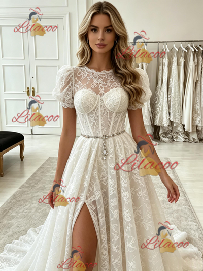 White Lace Puff Sleeve Prom Dress