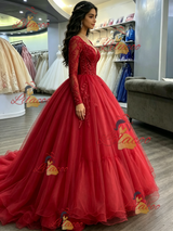 Red Tulle V-neck Appliques Quinceanera Dress
