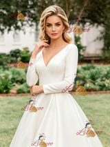 White Satin V-neck Long Sleeve Wedding Dress