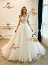 White Tulle Straps Lace Wedding Dress