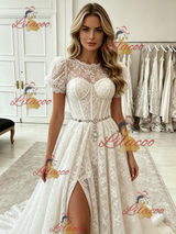 White Lace Puff Sleeve Prom Dress