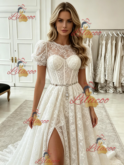 White Lace Puff Sleeve Prom Dress