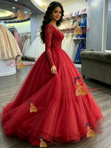 Red Tulle V-neck Appliques Quinceanera Dress