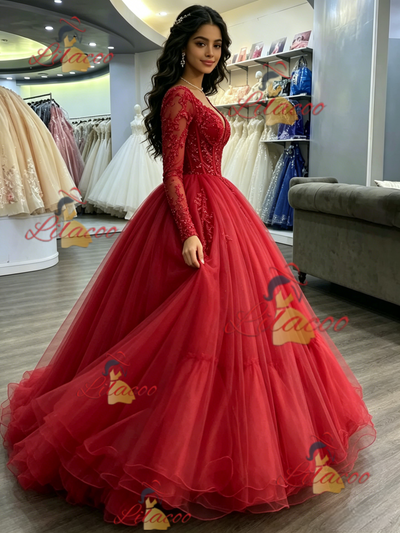 Red Tulle V-neck Appliques Quinceanera Dress