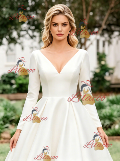 White Satin V-neck Long Sleeve Wedding Dress