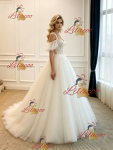 White Tulle Straps Lace Wedding Dress