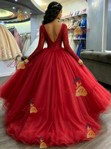 Red Tulle V-neck Appliques Quinceanera Dress