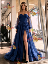 Navy Blue Tulle Long Sleeve Prom Dress