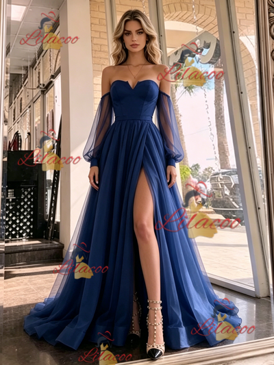 Navy Blue Tulle Long Sleeve Prom Dress