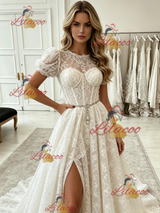 White Lace Puff Sleeve Prom Dress