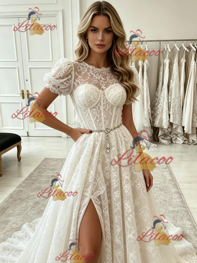White Lace Puff Sleeve Prom Dress