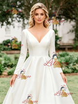 White Satin V-neck Long Sleeve Wedding Dress