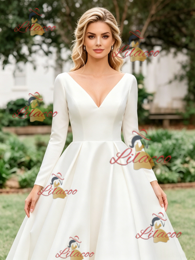 White Satin V-neck Long Sleeve Wedding Dress