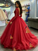 Red Tulle V-neck Appliques Quinceanera Dress