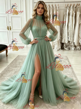 Blue Tulle Long Sleeve Pleats Prom Dress
