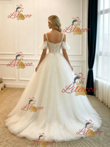 White Tulle Straps Lace Wedding Dress