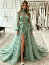 Blue Tulle Long Sleeve Pleats Prom Dress