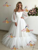 White Tulle Long Sleeve Wedding Dress