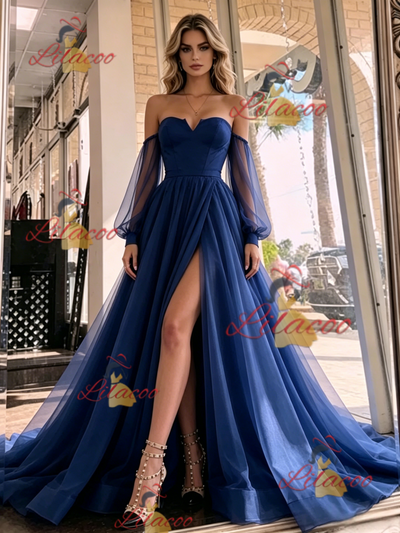 Navy Blue Tulle Long Sleeve Prom Dress