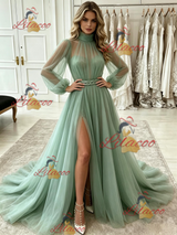Blue Tulle Long Sleeve Pleats Prom Dress