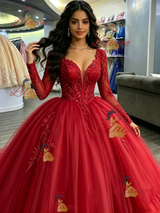 Red Tulle V-neck Appliques Quinceanera Dress