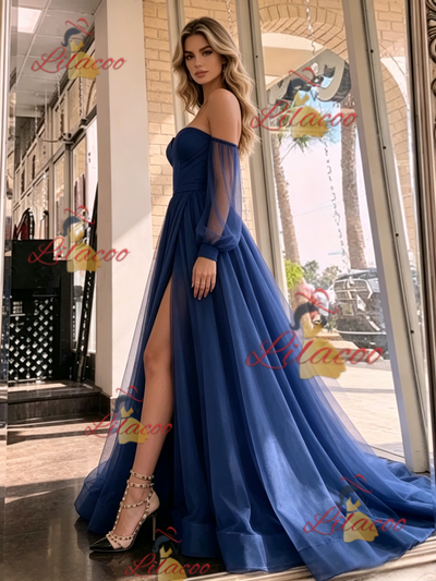 Navy Blue Tulle Long Sleeve Prom Dress