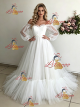 White Tulle Long Sleeve Wedding Dress
