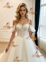 White Tulle Straps Lace Wedding Dress