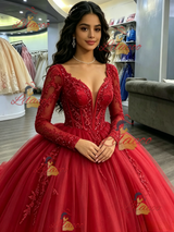 Red Tulle V-neck Appliques Quinceanera Dress
