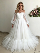 White Tulle Long Sleeve Wedding Dress