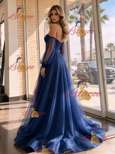 Navy Blue Tulle Long Sleeve Prom Dress