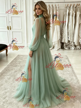 Blue Tulle Long Sleeve Pleats Prom Dress