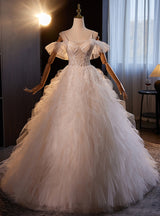 White Tulle Spaghetti Straps Appliques Wedding Dress