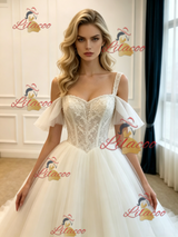 White Tulle Straps Lace Wedding Dress