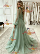 Blue Tulle Long Sleeve Pleats Prom Dress