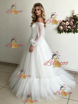 White Tulle Long Sleeve Wedding Dress