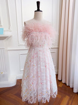 Pink Sequins Strapless Feather Prom Dress