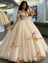 Champagne Tulle Off the Shoulder Appliques Quinceanera Dress