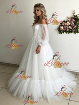 White Tulle Long Sleeve Wedding Dress