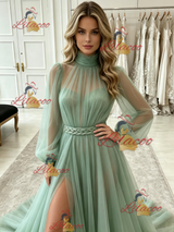 Blue Tulle Long Sleeve Pleats Prom Dress