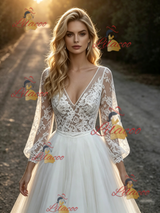 White Tulle Lace V-neck Long Sleeve Wedding Dress