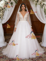 White Tulle V-neck Long Sleeve Wedding Dress