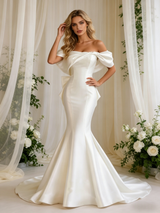Beige White Satin Mermaid Off the Shoulder Bow Wedding Dress