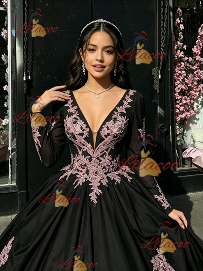 Black Tulle Long Sleeve Appliques Quinceanera Dress