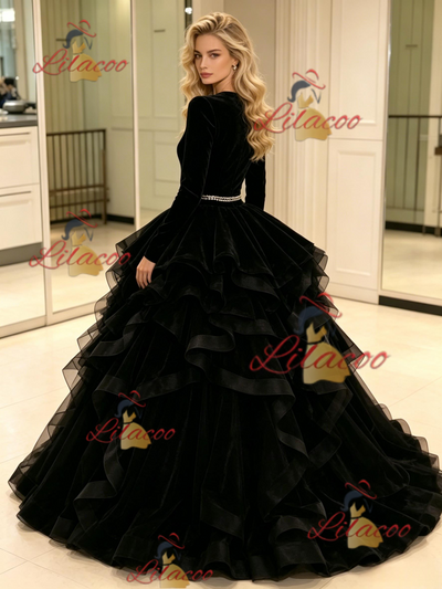 Black Tulle Velvet Long Sleeve Prom Dress