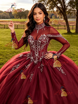 Burgundy Long Sleeve High Neck Beading Quinceanera Dress