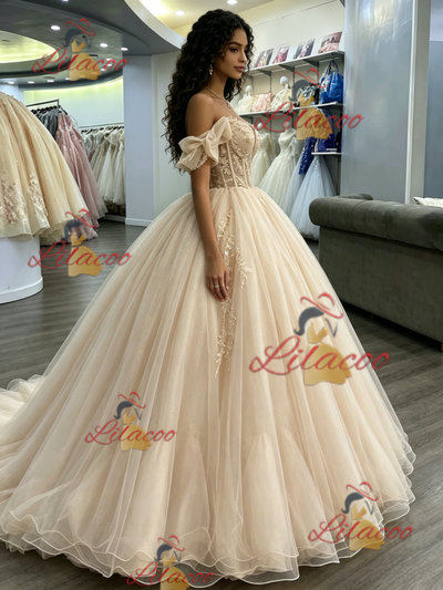 Champagne Tulle Off the Shoulder Appliques Quinceanera Dress